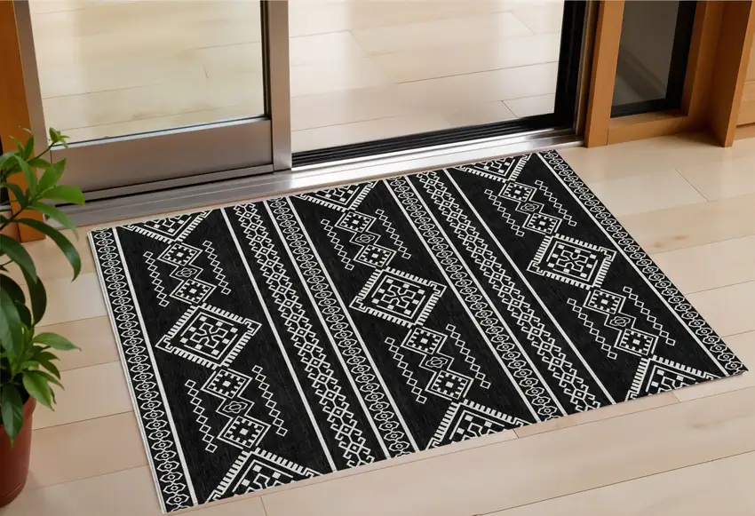 Black And Ivory Southwestern Washable Indoor Outdoor Area Rug Photo 1