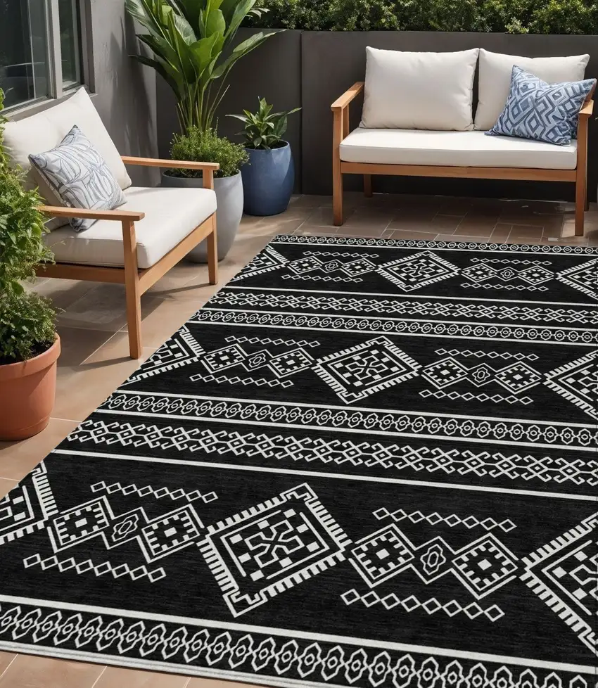 Black And Ivory Southwestern Washable Indoor Outdoor Area Rug Photo 1