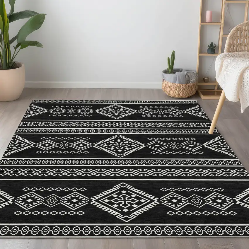 Black And Ivory Southwestern Washable Indoor Outdoor Area Rug Photo 9