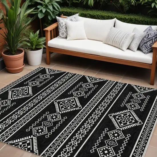 Black And Ivory Southwestern Washable Indoor Outdoor Area Rug Photo 1