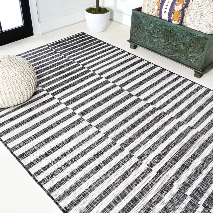Black And Ivory Striped Indoor Outdoor Area Rug Photo 7