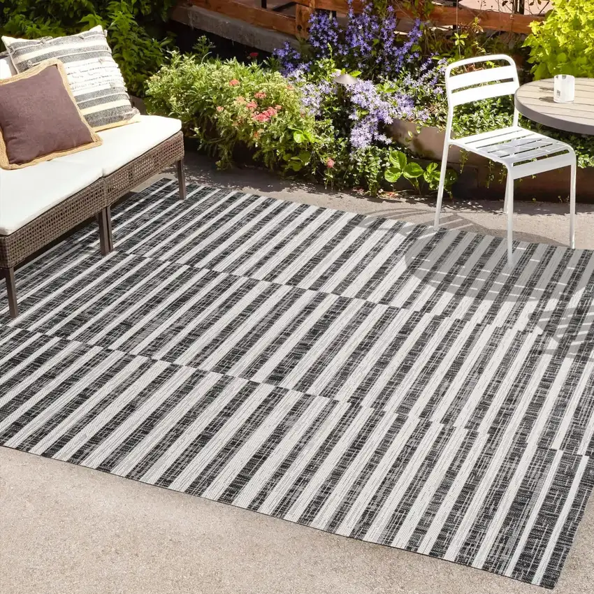 Black And Ivory Striped Indoor Outdoor Area Rug Photo 9