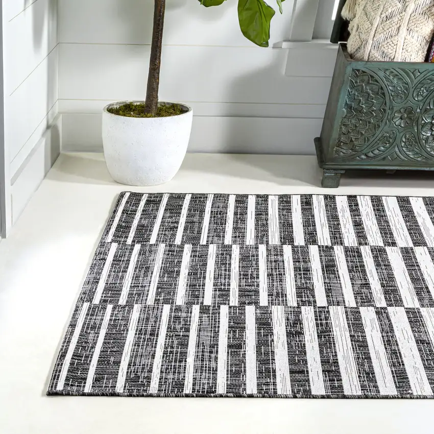 Black And Ivory Striped Indoor Outdoor Area Rug Photo 7