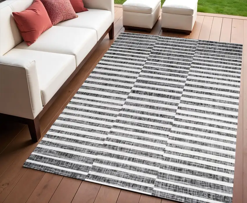 Black And Ivory Striped Indoor Outdoor Area Rug Photo 1
