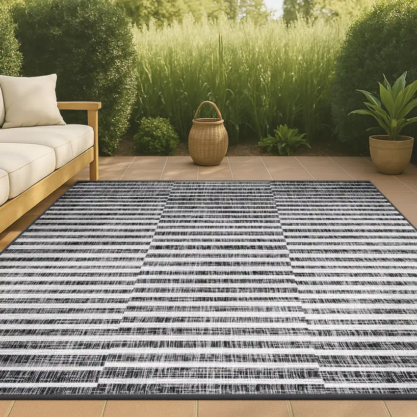 Black And Ivory Striped Indoor Outdoor Area Rug Photo 4