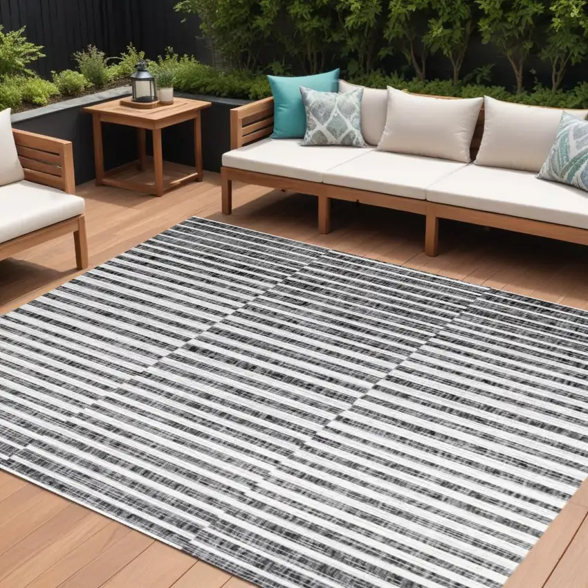 Black And Ivory Striped Indoor Outdoor Area Rug Photo 1