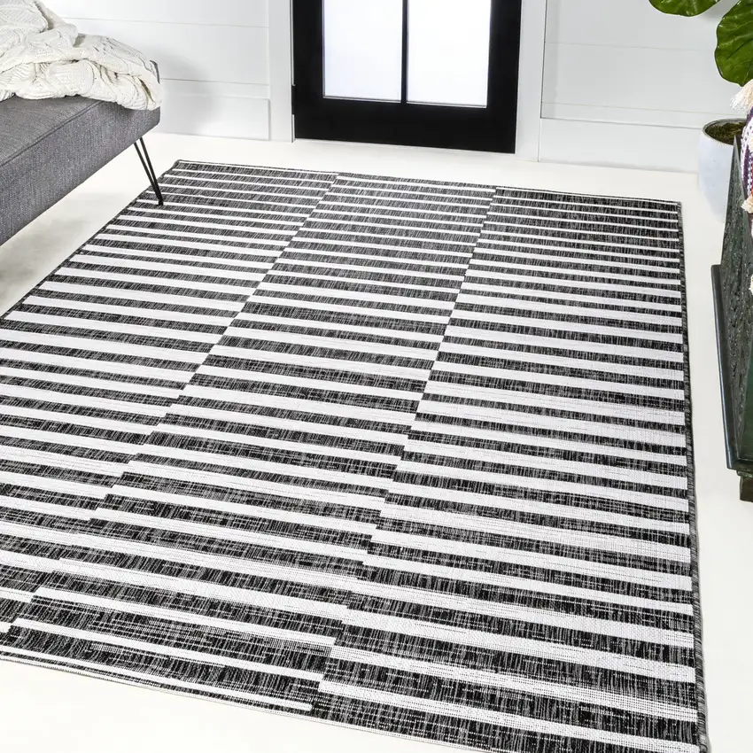 Black And Ivory Striped Indoor Outdoor Area Rug Photo 5