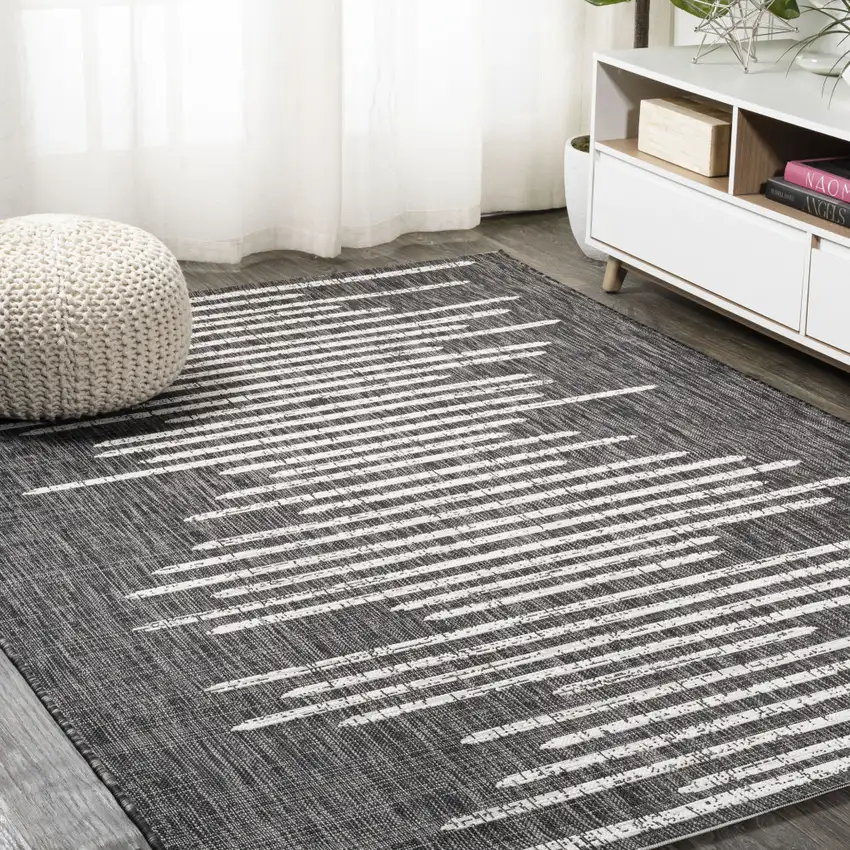 Black And Ivory Striped Indoor Outdoor Area Rug Photo 4