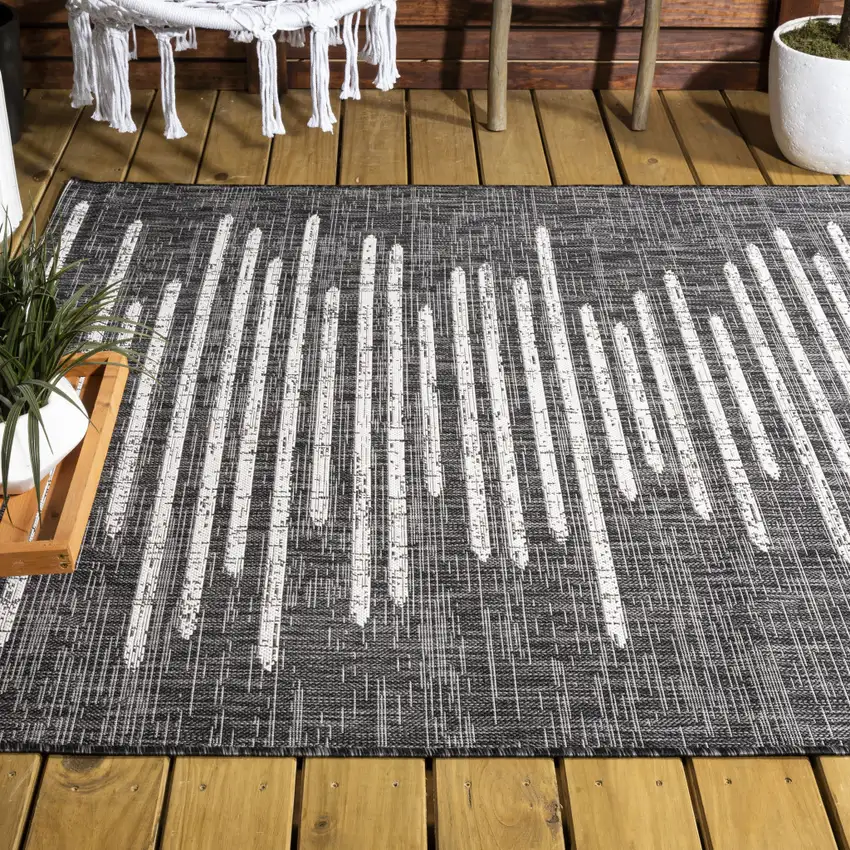 Black And Ivory Striped Indoor Outdoor Area Rug Photo 9