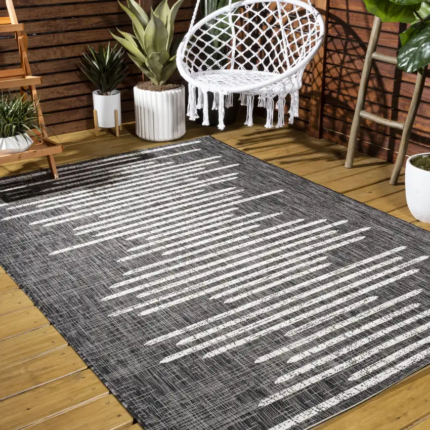 Black And Ivory Striped Indoor Outdoor Area Rug Photo 9