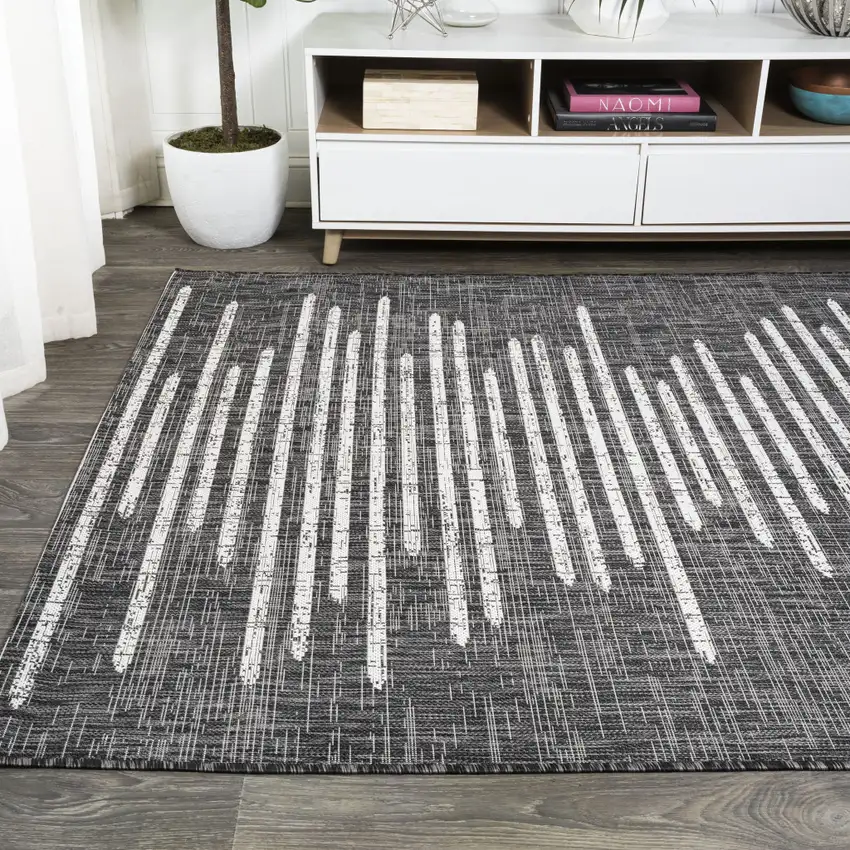 Black And Ivory Striped Indoor Outdoor Area Rug Photo 6