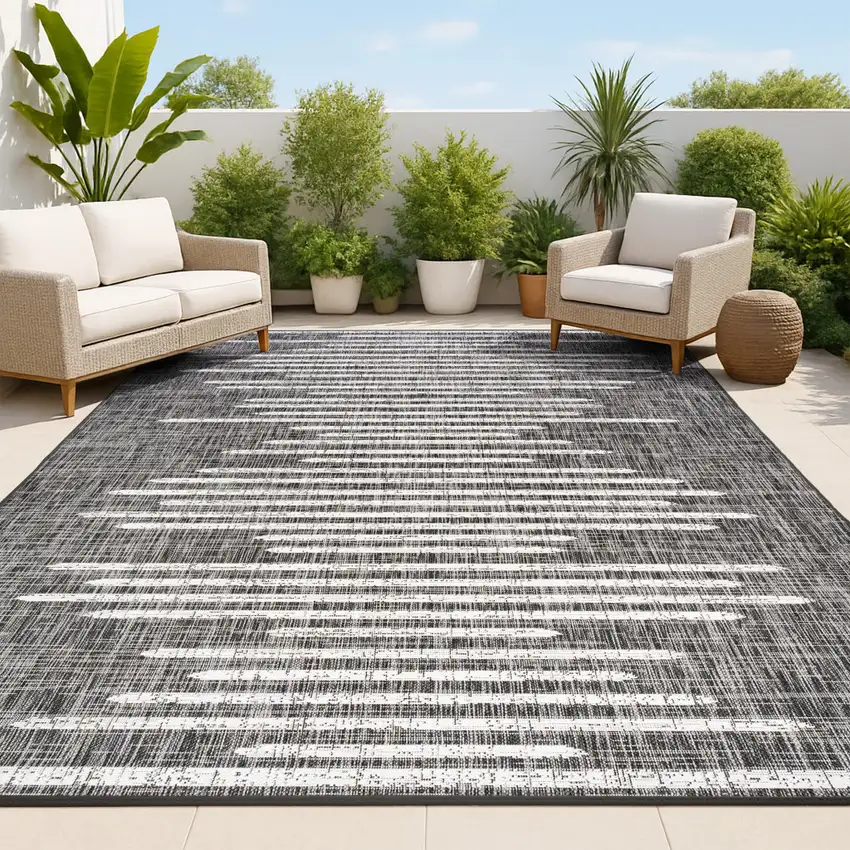 Black And Ivory Striped Indoor Outdoor Area Rug Photo 4