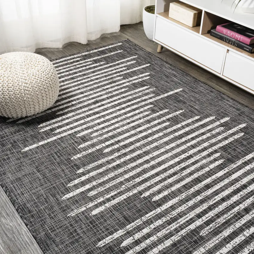 Black And Ivory Striped Indoor Outdoor Area Rug Photo 7