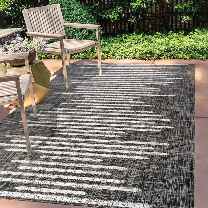 Black And Ivory Striped Indoor Outdoor Area Rug Photo 8