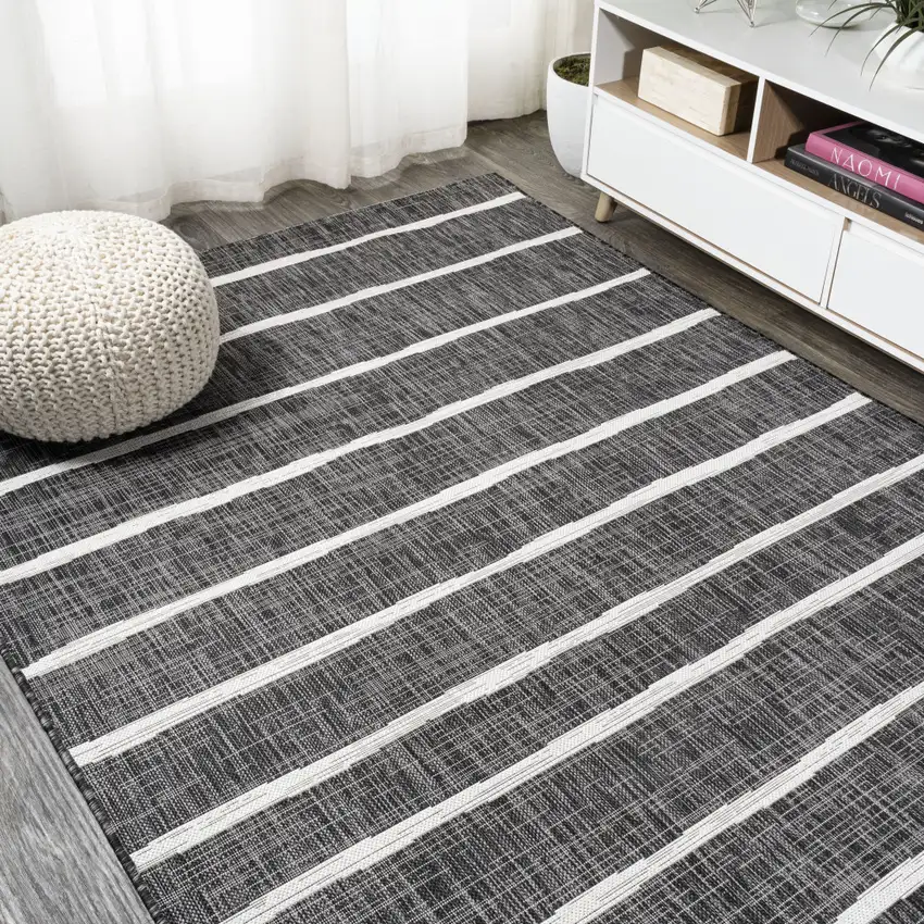 Black And Ivory Striped Indoor Outdoor Area Rug Photo 5