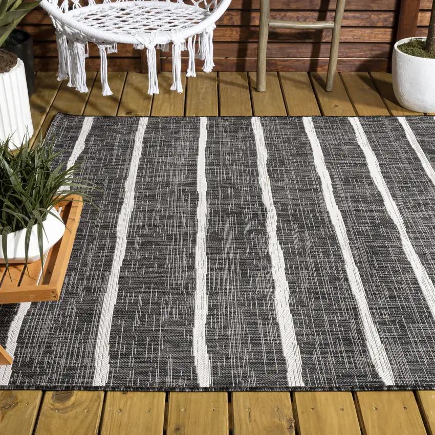Black And Ivory Striped Indoor Outdoor Area Rug Photo 9