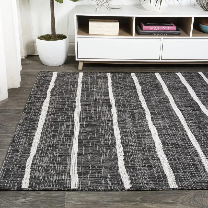 Black And Ivory Striped Indoor Outdoor Area Rug Photo 4