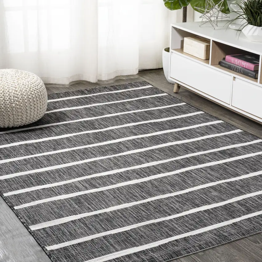 Black And Ivory Striped Indoor Outdoor Area Rug Photo 4