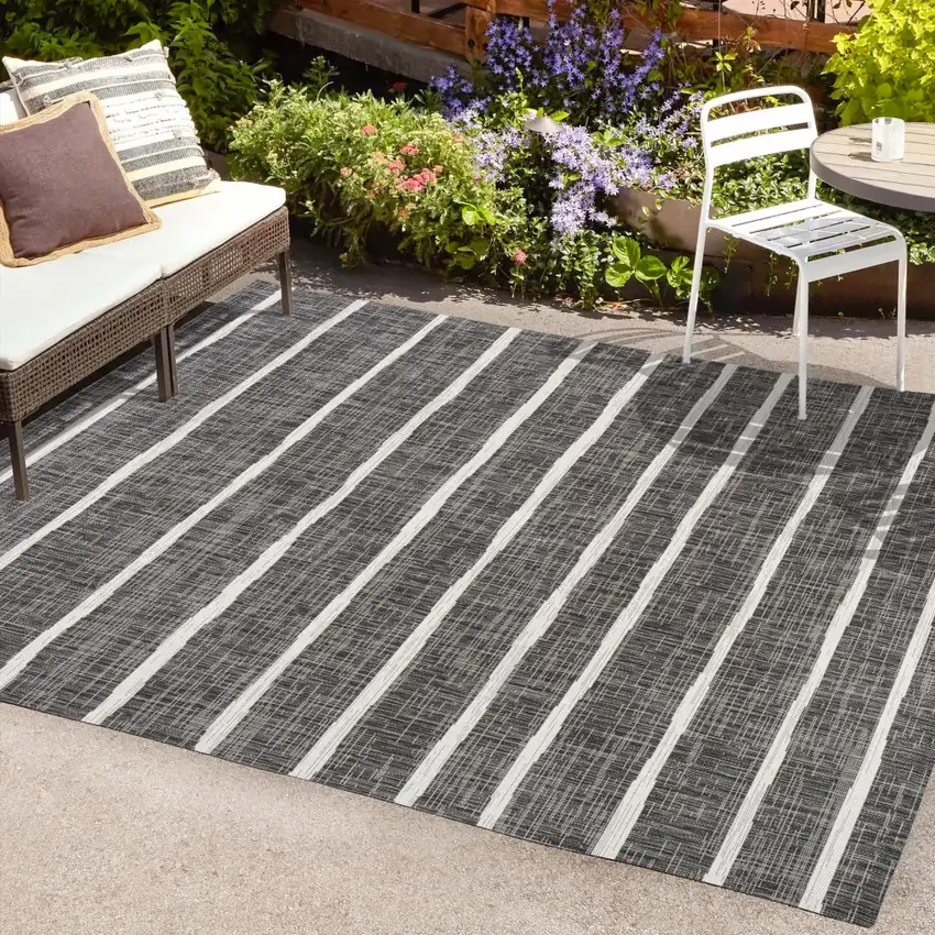 Black And Ivory Striped Indoor Outdoor Area Rug Photo 8