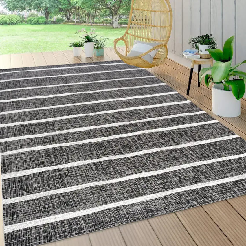 Black And Ivory Striped Indoor Outdoor Area Rug Photo 7