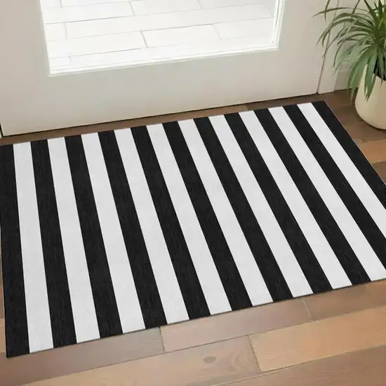 Black And Ivory Striped Washable Area Rug With UV Protection Photo 1