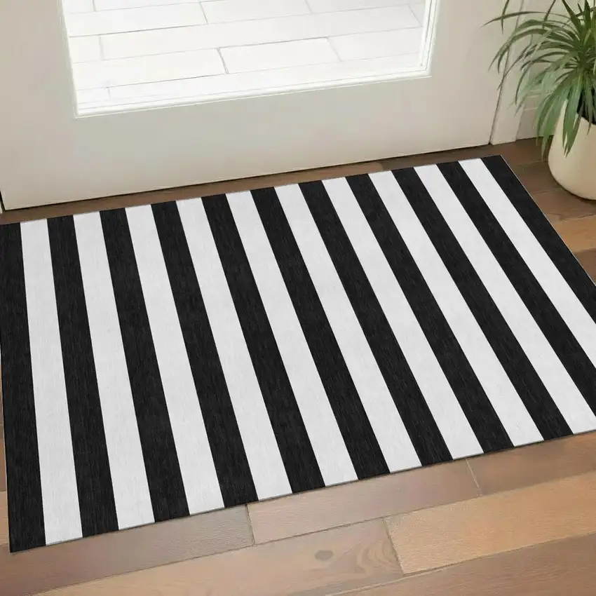 Black And Ivory Striped Washable Area Rug With UV Protection Photo 1