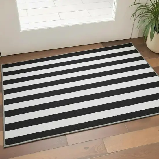 Black And Ivory Striped Washable Area Rug With UV Protection Photo 2