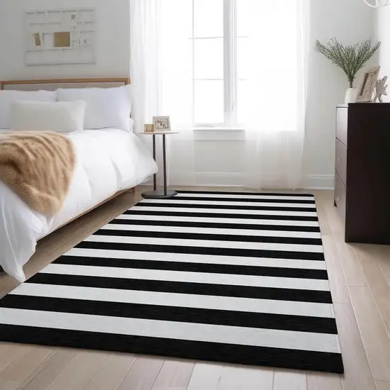 Black And Ivory Striped Washable Area Rug With UV Protection Photo 4