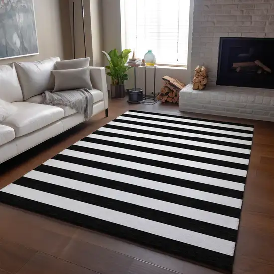 Black And Ivory Striped Washable Area Rug With UV Protection Photo 5