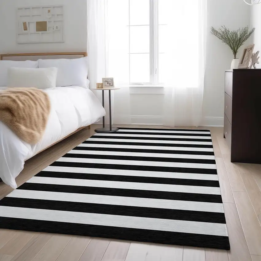 Black And Ivory Striped Washable Area Rug With UV Protection Photo 5