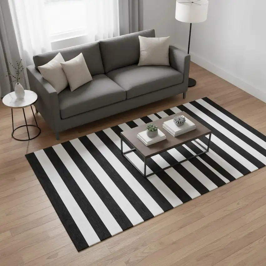 Black And Ivory Striped Washable Area Rug With UV Protection Photo 2