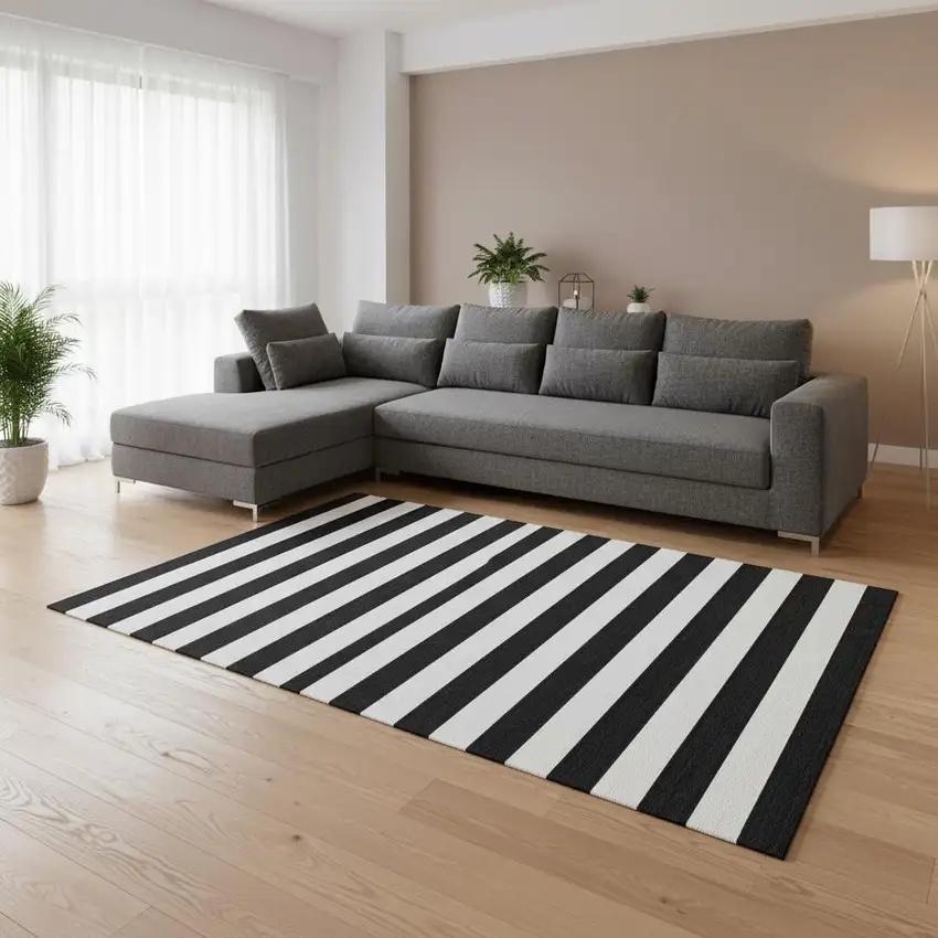 Black And Ivory Striped Washable Area Rug With UV Protection Photo 1