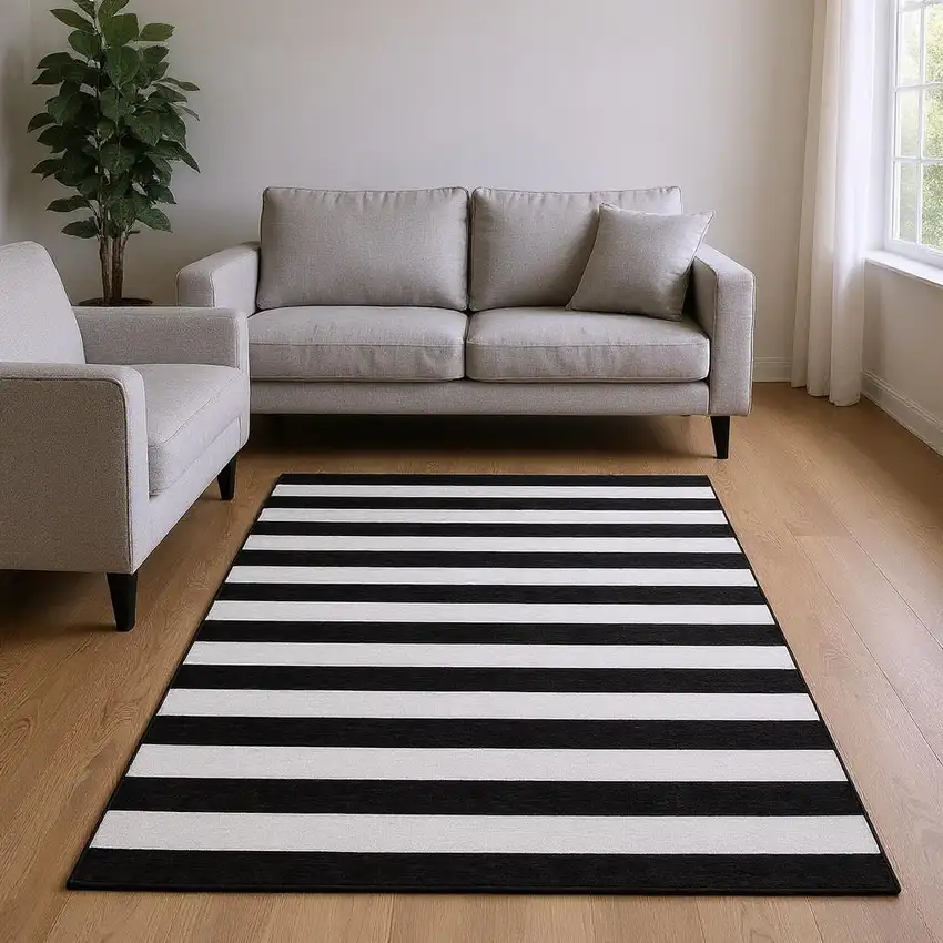 Black And Ivory Striped Washable Area Rug With UV Protection Photo 2