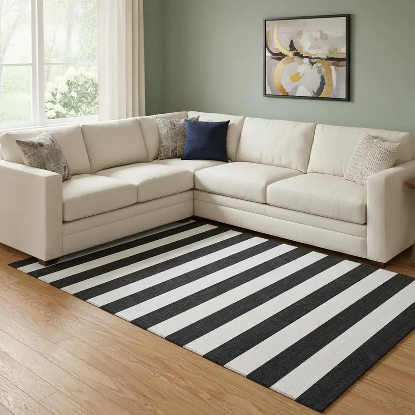 Black And Ivory Striped Washable Area Rug With UV Protection Photo 1
