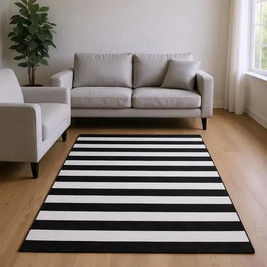 Black And Ivory Striped Washable Area Rug With UV Protection Photo 2