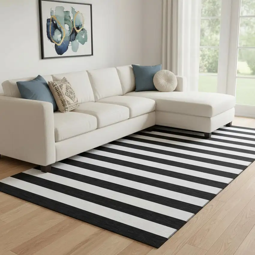 Black And Ivory Striped Washable Area Rug With UV Protection Photo 1