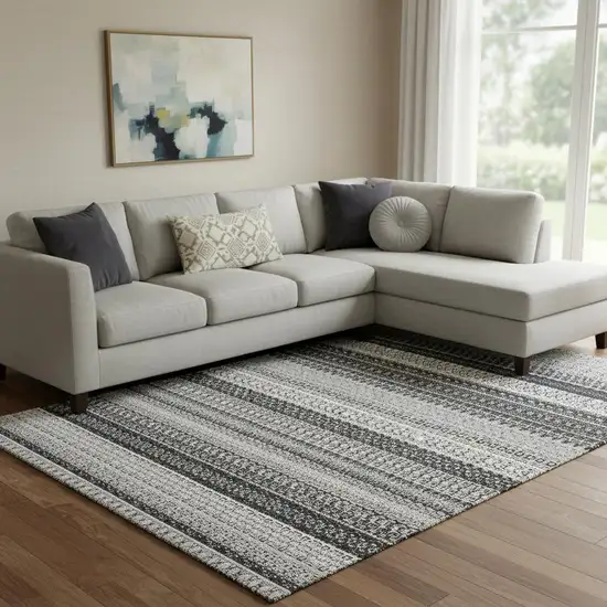 Black And Ivory Striped Washable Area Rug With UV Protection Photo 1