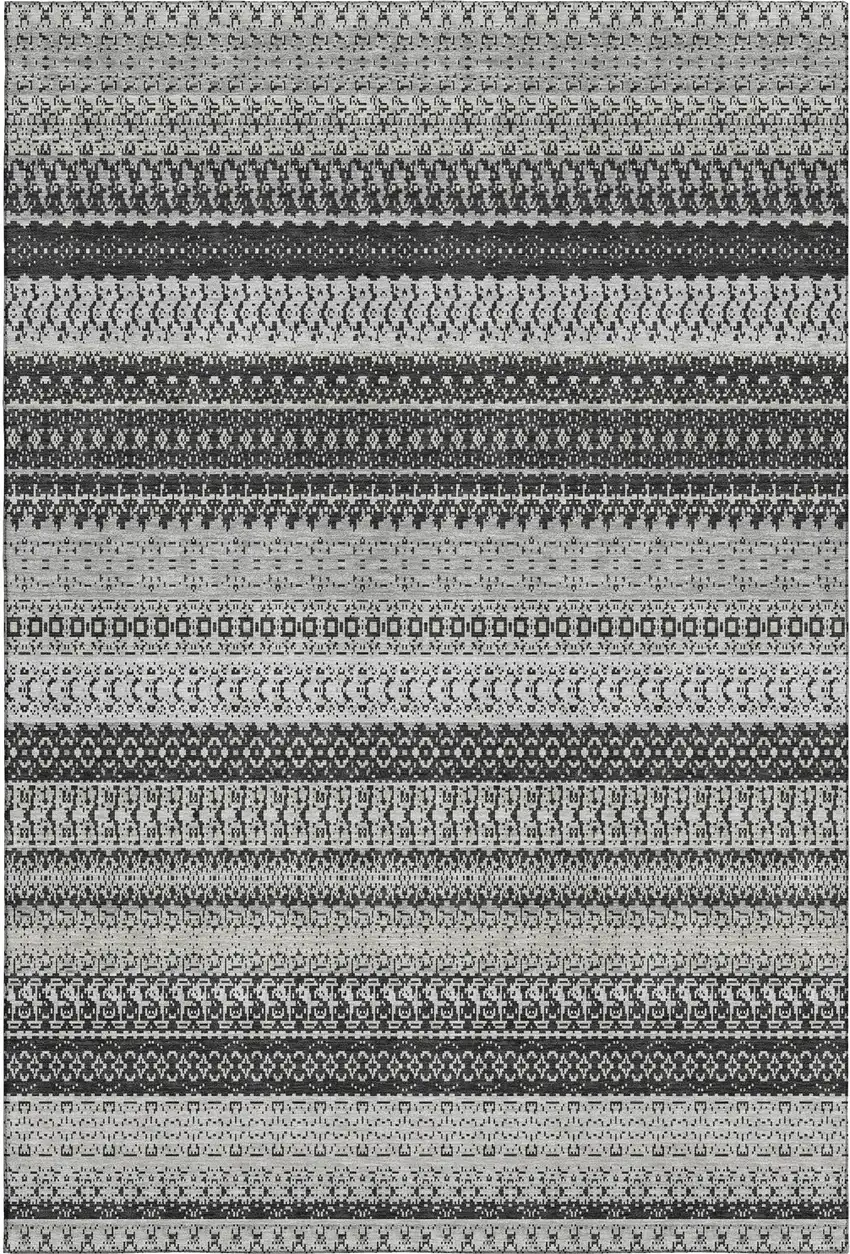 Black And Ivory Striped Washable Area Rug With UV Protection Photo 6
