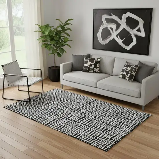 Black And Ivory Striped Washable Area Rug With UV Protection Photo 1