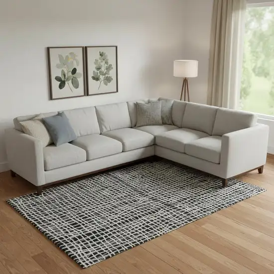 Black And Ivory Striped Washable Area Rug With UV Protection Photo 1