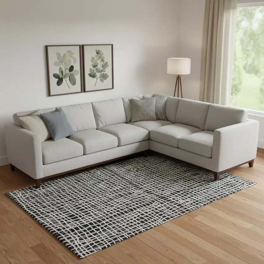 Black And Ivory Striped Washable Area Rug With UV Protection Photo 1