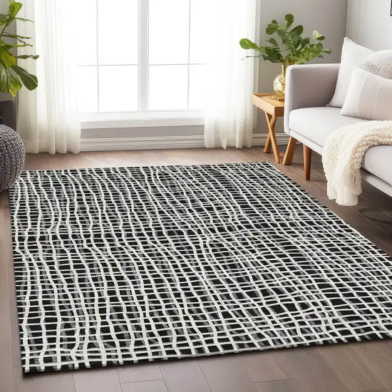 Black And Ivory Striped Washable Area Rug With UV Protection Photo 4