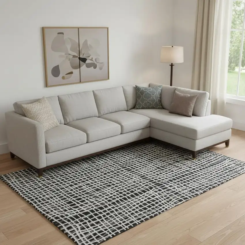 Black And Ivory Striped Washable Area Rug With UV Protection Photo 1