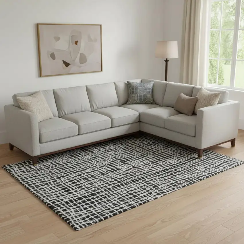 Black And Ivory Striped Washable Area Rug With UV Protection Photo 1