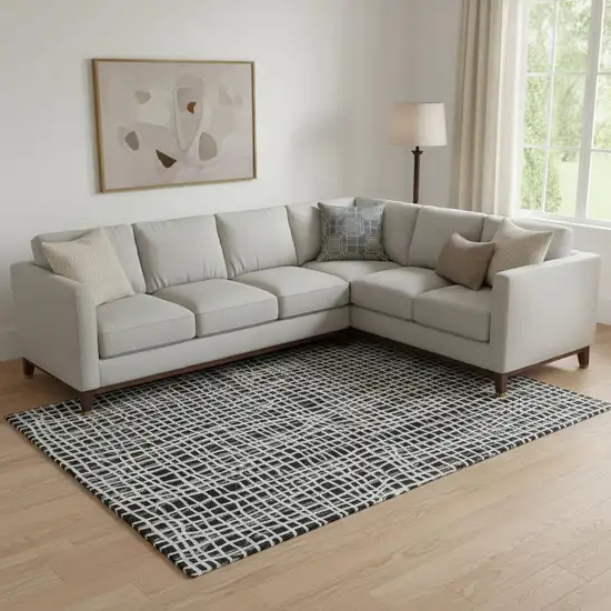 Black And Ivory Striped Washable Area Rug With UV Protection Photo 1