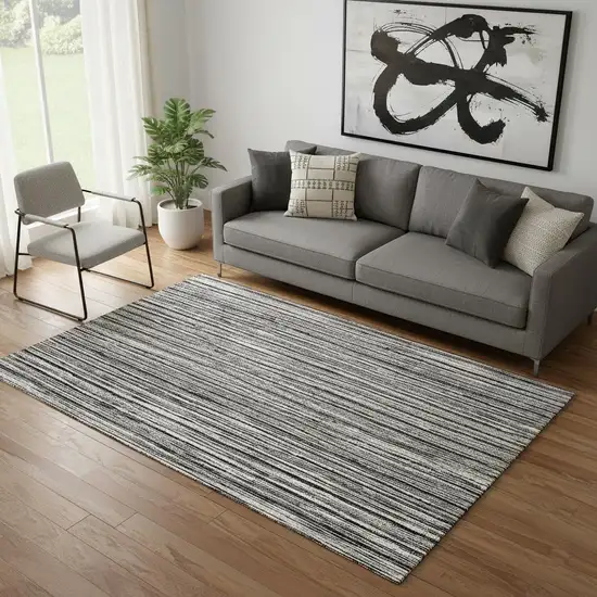 Black And Ivory Striped Washable Area Rug With UV Protection Photo 1