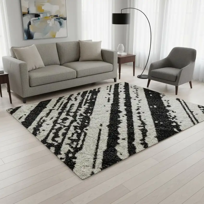 Black And Ivory Striped Washable Area Rug With UV Protection Photo 2