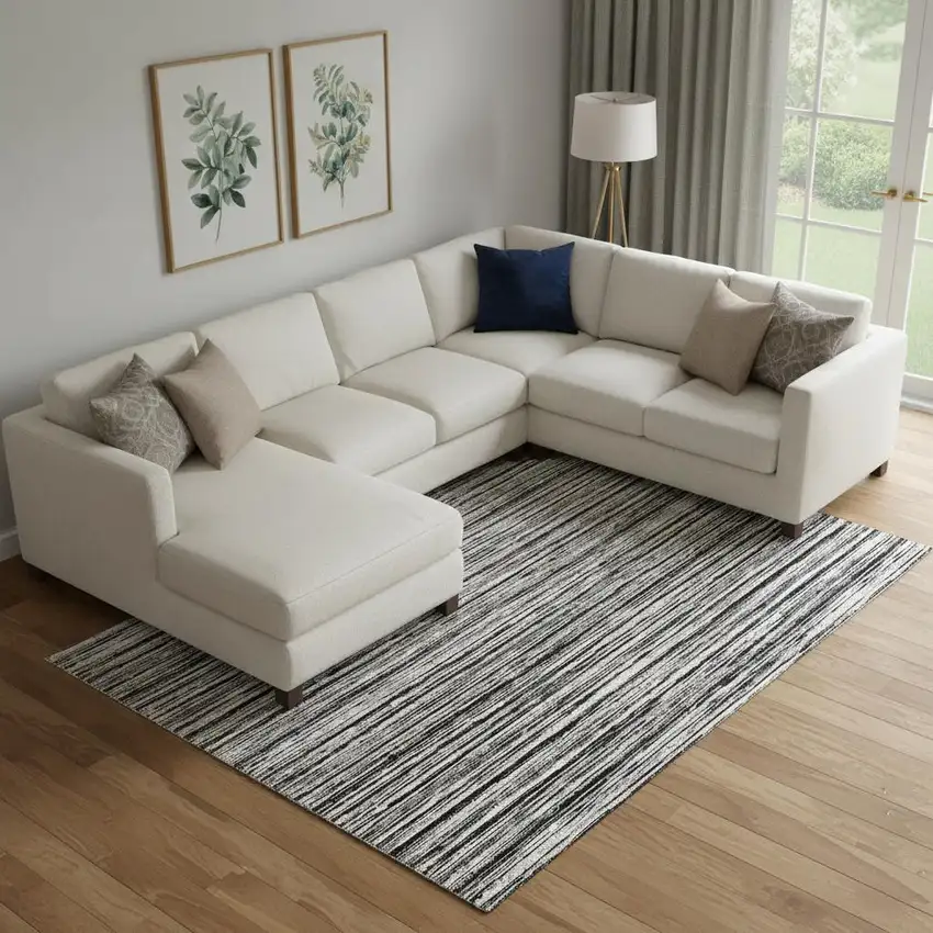 Black And Ivory Striped Washable Area Rug With UV Protection Photo 1