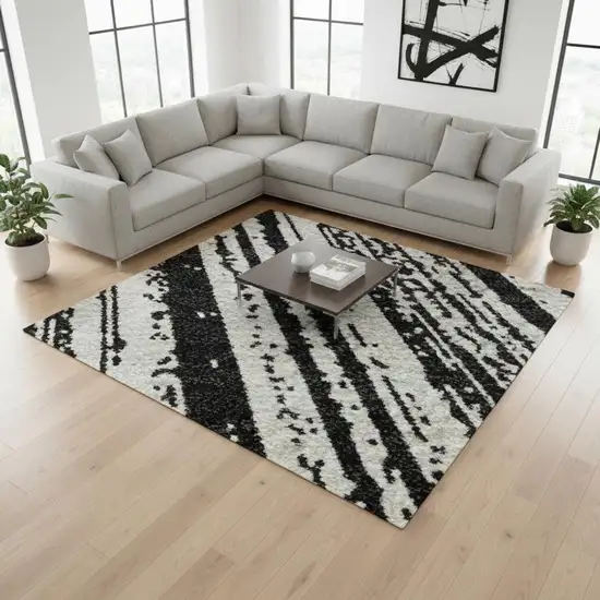 Black And Ivory Striped Washable Area Rug With UV Protection Photo 2