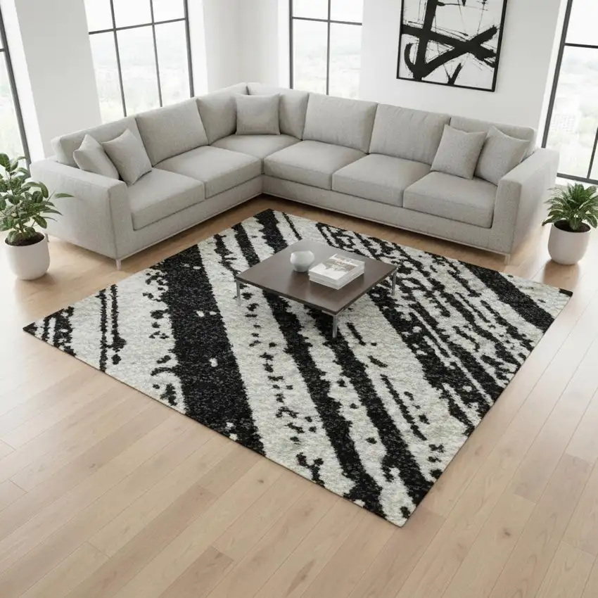 Black And Ivory Striped Washable Area Rug With UV Protection Photo 2